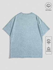 เสื้อยืดโอเวอร์ไซส์สีฟ้าอ่อน ผ้าฝ้าย 100% นุ่ม ระบายอากาศดี ทรงไหล่ตก สไตล์สตรีทแวร์ลำลอง เสื้อยืดฤดูร้อนสำหรับผู้ชาย - Product Image 2