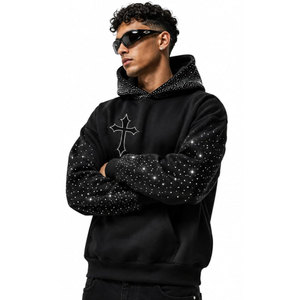 Sudadera con Capucha Gótica para Hombre, Negra, con Estampado de Cruz de Pedrería, Bordada, Corte Holgado, Manga Regular, Tejido de Algodón - Product Image 5