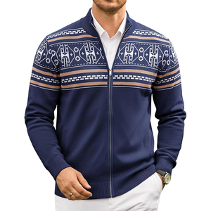 Cárdigan de punto con cremallera para hombre, suéter de invierno de manga larga con estampado geométrico, azul marino - Product Image 1