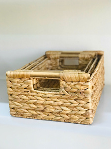 The Set of 3 Water Hyacinth <b>Rectangle</b> <b>Basket</b> with Wooden Handle Multifunction <b>Storage</b> <b>Basket</b> - Product Image 1