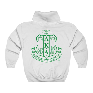 Sudadera con Capucha AKA Crest de Renombre Mundial, Blanca con Bordado Verde, Sudadera con Capucha Personalizada con Letras Griegas - Product Image 4