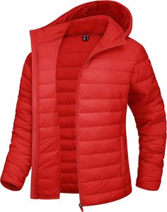 Red Quilted <b>Hooded</b> <b>Jacket</b> <b>Women</b> Full Sleeve Zipper Closure Solid Color Autumn <b>Lightweight</b> Puffer Coat - Product Image 2