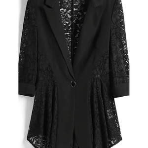 Blazer en dentelle Midnight avec empiècements floraux en guipure Aria, garniture en satin, patchwork de dentelle, veste de costume avec manches en dentelle cintrées - Product Image 3