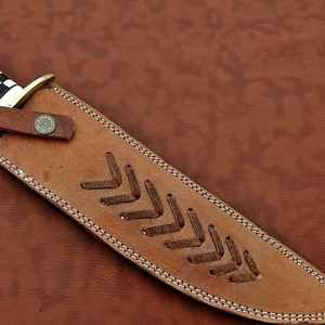 Handmade D2 Steel <b>Etched</b> Bowie Knife with Black Buffalo Horn Handle Decorative Engraved Fixed Blade and Brown Leather Sheath - Product Image 6