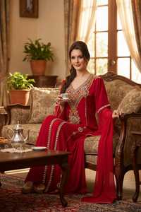 Abaya longue rouge brodée en mousseline pour femme, coupe modeste, respirante, toutes saisons, style moyen-oriental, col cœur, pour adultes - Product Image 5