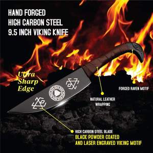 Couteau de camping Viking Rave de 9,5 pouces, OEM, revêtement noir en poudre, lame en acier Damas de qualité industrielle, manche droit en corne de taureau - Product Image 3