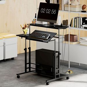 Scrivania Nera Regolabile in Altezza per Home Office con Piano Inclinabile, Prese di Corrente e Ripiani - Product Image 2