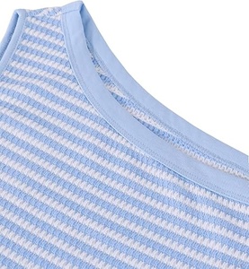 Women's Striped Knitted Crop <b>Top</b> And Shorts Set Off Shoulder Sleeveless Drawstring Waist Blue White Two Piece Outfit - Product Image 5