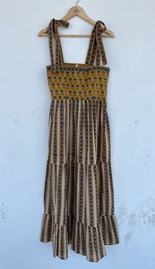 Women Mustard Blue Floral Stripe Cotton V-neck A-Line Eco-Friendly Maxi Dress Tie Shoulder Tiered <b>Summer</b> Wholesale - Product Image 1