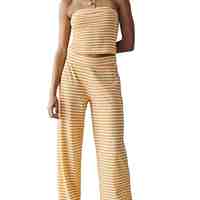 Ensemble deux pièces en tricot rayé pour femme, qualité supérieure, collection 2026 : haut court bustier et pantalon large, 100 % coton, coupe ample