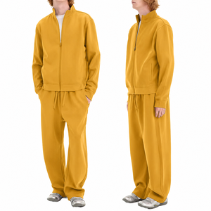 Men's Solid Yellow Tracksuit Full Zip Stand Collar Sweatshirt with Side Pockets and Drawstring <b>Pants</b> Casual Autumn Wear - Product Image 3