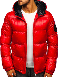 Men's Red Hooded Puffer <b>Jacket</b> With Zipper Closure And Patch Design Winter Casual Wear - Product Image 1