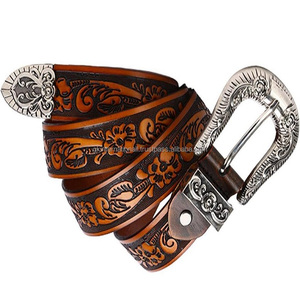 Custom Made Hand Carving Design <b>Engraved</b> Original Western Leather <b>Tooling</b> Belt for Cowboy Designer Metal Buckle Keeper & Loop - Product Image 3