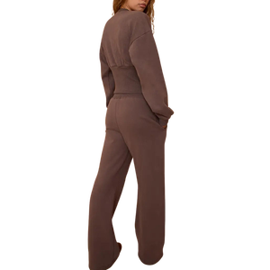 Women's 2 Piece Solid <strong>Brown</strong> Cropped Button Up Sweatshirt And Wide Leg High Waist Sweatpants Set Casual Lounge Athleisure <strong>Outfit</strong> - Product Image 2