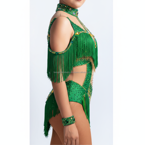 Traje de Majorette Personalizado para Mujer, Verde, con Pedrería, Flecos y Lentejuelas, Malla, para Actuaciones de Baile, OEM - Product Image 4