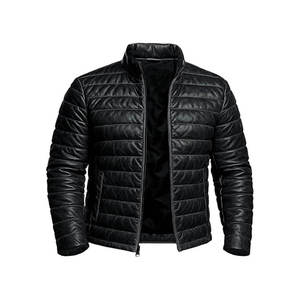 Veste en cuir PU matelassée noire pour homme, col montant, fermeture éclair, coupe-vent, veste de moto d'hiver - Product Image 1