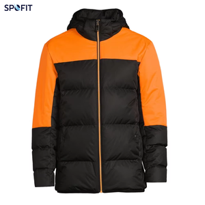 SPOFIT Men's Black & Orange Colour block Puffer Jacket with Hood Winter Insulated Quilted <b>Bubble</b> <b>Coat</b> Windproof - Product Image 1