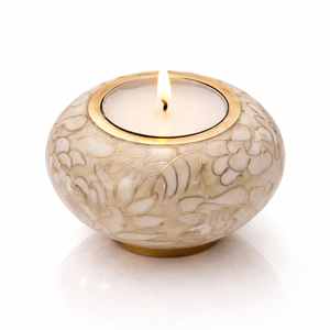 Porte-bougie doré à motifs floraux avec bougie chauffe-plat, accent décoratif pour la maison, urne funéraire ronde pour cendres humaines avec sac gratuit - Product Image 1