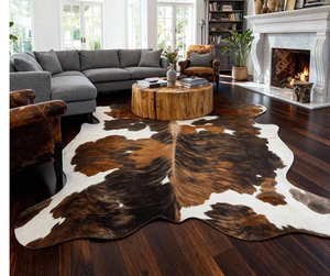 Tapis en cuir de vachette tricolore naturel, marron, noir, blanc, en peau de vache véritable avec poils, tapis en cuir véritable pour décoration de salon, vente en gros OEM - Product Image 3