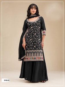 Ensemble Salwar en coton noir brodé pour femmes avec dupatta, tenue traditionnelle indienne et pakistanaise, longueur au sol, coupe classique - Product Image 1