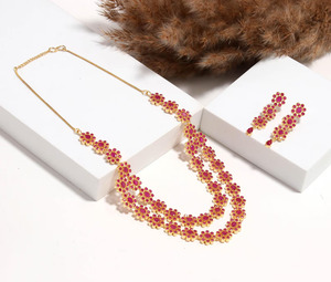 New Arrival Handcrafted <b>Ruby</b> Floral <b>Necklace</b> Double Layer Red Stone <b>Necklace</b> with Earrings At Factory Price - Product Image 1