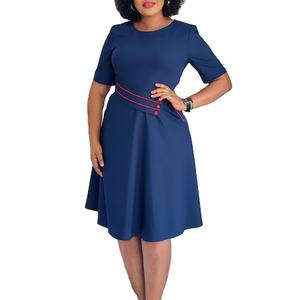 D589 nouveauté été solide robe mi-longue femmes décontracté élégant à manches courtes taille naturelle a-ligne bureau robe africaine - Product Image 4
