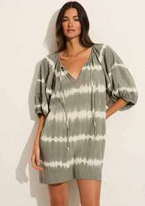 Women <b>Boho</b> Dark Gray Tie Dye Cotton Mini <b>Dress</b> V-Neck Puff Sleeve Casual <b>Summer</b> <b>Dress</b> - Product Image 3