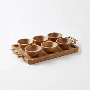 Premium Wood <b>Serving</b> <b>Set</b>: 6 Round Handcrafted Bowls On A Rectangular Tray With Brass Handles. Ideal For Appetizers And <b>Serving</b> - Product Image 5