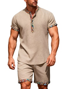 Men's Casual Fashionable Solid Color Stiff Fabric Patchwork Ethnic Print Half-open Collar Side Pocket Drawstring 100% Cotton - Product Image 2