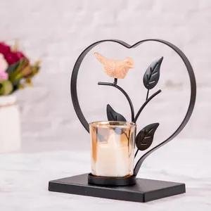 Heart Shape Metal <b>Candle</b> <b>Holder</b> With Bird And Leaves Decor 16 Cm For Valentine'S Day Home Decoration - Product Image 3