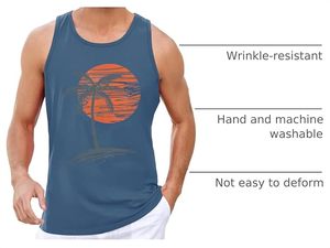 Camiseta sin mangas azul para hombre, cuello redondo, tejida, transpirable, informal, con estampado de palmeras y puesta de sol - Product Image 4