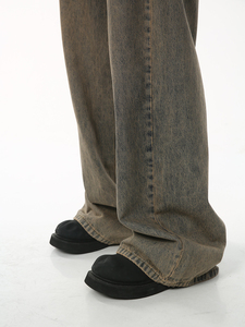 Jean en denim délavé coupe droite taille mi-haute pour homme, respirant, style streetwear, couleur unie, coupe ample, décontracté, automne, polyester/coton - Product Image 5