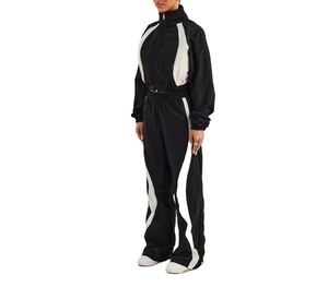 Women's Black <b>White</b> Color Blocked Sporty <b>2</b> <b>Piece</b> Tracksuit <b>Set</b> Full Sleeve Loose Fit Zipper Drawstring Pants All Seasons Wear - Product Image 5
