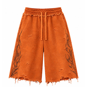 <b>Men's</b> <b>Orange</b> Ripped Bermuda <b>Shorts</b> Streetwear Baggy Elastic Waist Distressed Washed 100% Cotton Waterproof Breathable Quick Dry - Product Image 1