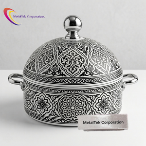 หม้อสแตนเลสอย่างดี ลายดอกไม้สีดำขาว มีนา พร้อมฝาปิดเก็บความร้อน จานเสิร์ฟพร้อมหูจับสีเงิน - Product Image 1