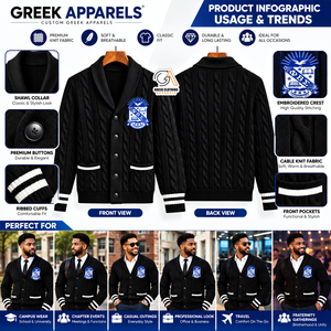 Phi Beta Sigma | Men's Black <b>Cable</b> <b>Knit</b> Cardigan Embroidered Phi Beta Sigma Crest Front Winter <b>Sweater</b> 100% Polyester - Product Image 5