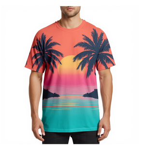 Camiseta Sublimada con Diseño Tropical Atardecer para Hombre, Prenda de Moda Oversize con Gráficos Vibrantes - Product Image 2