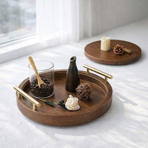 Ensemble de 2 plateaux décoratifs en bois avec poignées, plateaux ronds de 12 pouces pour la décoration de la pièce, la cuisine, la salle à manger, la table basse, plateau de service - Product Image 1