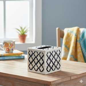 Handmade Black & White Bone Inlay Tissue <b>Box</b> Cover | Decorative Tissue Holder Cover, <b>Floral</b> Geometric Square Tissue Holder - Product Image 1