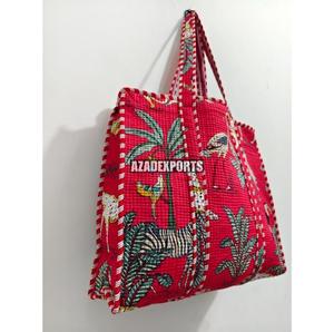 Red Jungle Hand-painted Cotton <b>Tote</b> <b>Bag</b> with Tiger Print Bohemian Style Open Top <b>Large</b> Capacity Shopping <b>Bag</b> - Product Image 3