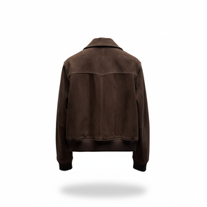Veste en cuir suédé marron pour homme, style workwear, col rabattu, fermeture éclair, coupe classique, vêtement d'automne, couleur unie - Product Image 2