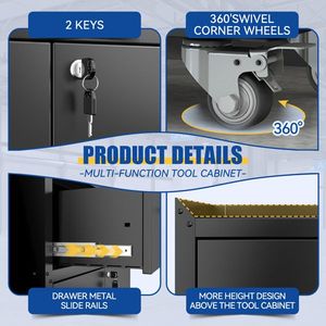 2-Door + 1-<b>Drawer</b> Lockable Metal Tool Cabinet Garage Storage with Rolling Wheels for Home or <b>Workshop</b> - Product Image 2