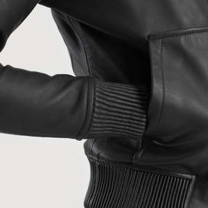 Flashback Black Hooded Genuine Leather Motorcycle Bomber <b>Jacket</b> Windproof Knitted Zipper Closure Spread Collar Solid - Product Image 3