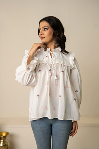 Sukoon <b>White</b> <b>Tie</b>-Front Embroidered Cotton <b>Top</b> for Women with Ruffle Neck | Long Sleeve Casual Summer Wear Wholesale Exporters - Product Image 4