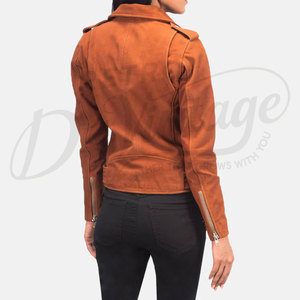 Women's Real Suede <b>Leather</b> Biker Jacket Western Fringe Style <b>Rivet</b> Stand Front Breathable Wholesale Premium Brown Suede <b>Leather</b> - Product Image 5