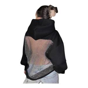 Sweat à capuche oversize noir pour femme en molleton avec logo imprimé, dos nu, empiècements en maille à sequins, coupe ample, style streetwear - Product Image 3