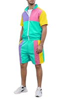 Ensemble de survêtement pour homme à blocs de couleur, manches courtes, fermeture éclair sur le devant, sportif, léger, été, polyester, avec poches latérales