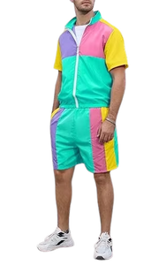 Men's Color Blocking Tracksuit Short Sleeve Zipper Front Sporty Summer Lightweight Polyester Shorts Set with Side <b>Pockets</b> - Product Image 3