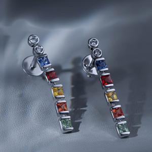 Exclusivos Pendientes de Diamantes Multicolor con Corte Princesa |   Pendientes de Oro Blanco Premium para Mujer - Product Image 1