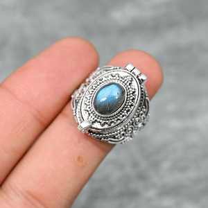 Labradorite Gemstone Pill Box Adjustable Ring Handmade 925 Sterling Silver Secret Message Jewelry - Product Image 5